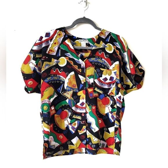 Vintage Tops - Vintage Patterned Short Sleeve Button Down Shirt